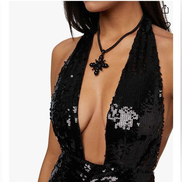 We Wore What Women's 2 Black Halter Neck Sequin Crystals Maxi Dress Formal - Picture 2 of 13